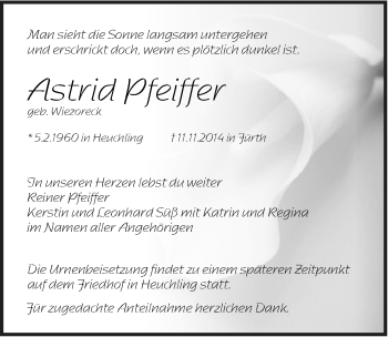 Traueranzeige von Astrid Peiffer von Pegnitz-Zeitung